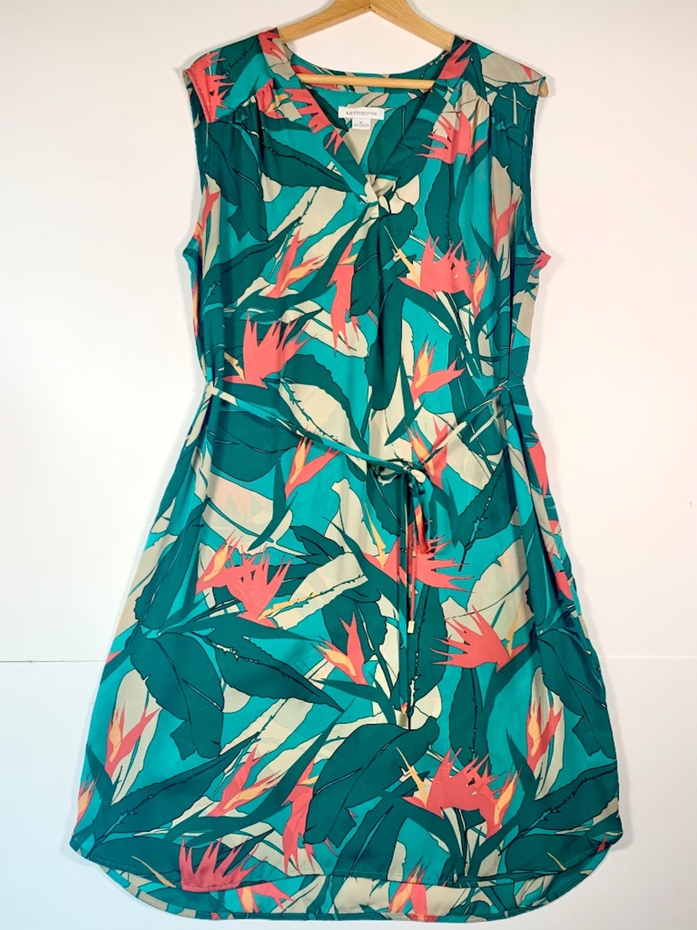 Liz Claiborne Tropical Floral Sleeveless V-Neck midi Dress Green Coral Tie Front